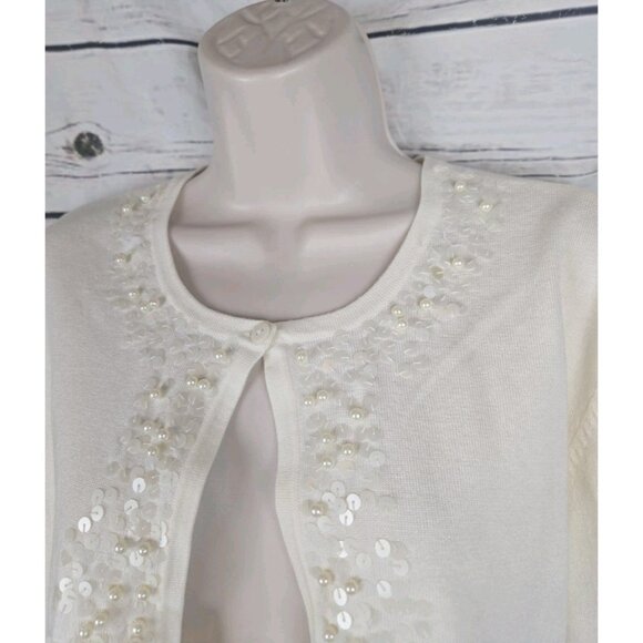 Vintage Eva Blue Ivory Beaded Sweater Cardigan XL Cropped Coquette Sequins - Picture 3 of 7